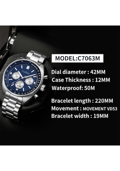 Cadisen C7063 40mm Safir Erkek Kol Saati Siyah