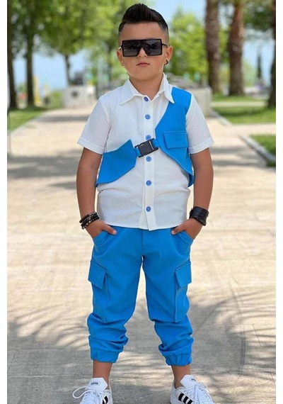 Riccotarz Erkek Çocuk Gabardin Gömlek Ve Kemerli Yelek Kargo Cepli Pantolon Mavi Alt Üst Takım Mavi Riccotarz Erkek Çocuk Gabardin Gömlek Ve Kemerli Yelek Kargo Cepli Pantolon Mavi Alt Üst Takım Mavi