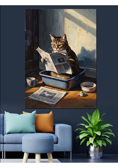 Tuvalette Gazete Okuyan Kedi Tablo Dekoratif Kanvas - Mdf Ahşap Tablo
