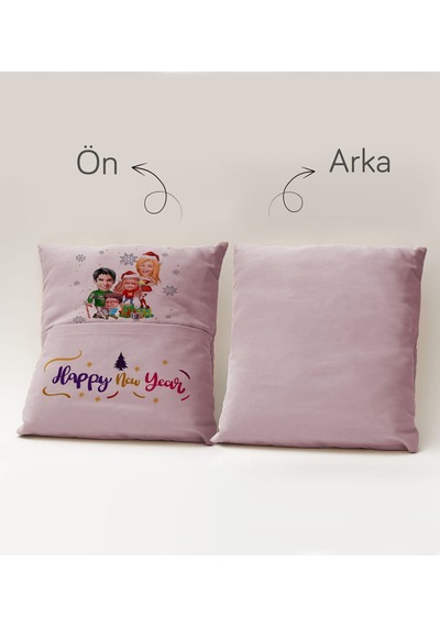 Bk Gift Kişiye Özel Yılbaşı Karikatür Tasarımlı Organizer Kumanda Ve Atıştırmalık Cepli Pembe Kırlent Yastık- 5, Yılbaşı Hediyesi, Yeni Yıl Hediyeleri Sarı