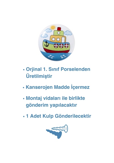 Porselen Gemi Çocuk Odası Mobilya Kulbu - Tekli Düğme - Dolap ve Çekmece Kulpu Çok Renkli