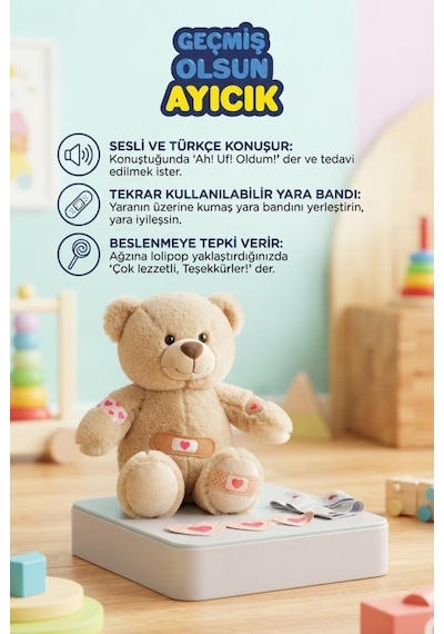 Türkçe Konuşan Etkileşimli Geçmiş Olsun Uf-uf Ayıcığı Hastayı İyileştirme Oyunu Peluş Ayı 40 Cm Çok Renkli