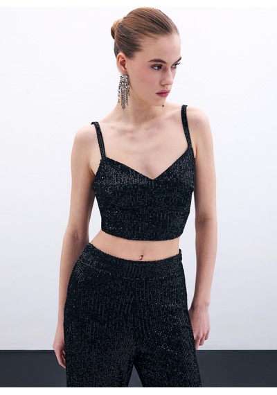 Sateen Kalın Askılı Payet Crop - Siyah-135338 Siyah