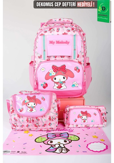 X Dekomus Lisanslı My Melody Sweet Berry Collection Büyük Boy Okul,termoslu Beslenme Ve Kalem Çantası,beslenme Örtüsü Seti Açık Gri
