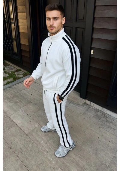 Erkek Çift Şeritli Eşofman Takım Dik Yaka Fermuarlı Sweatshirt Boru Paça Alt, Oversize 3 Iplik Pamuklu - Beyaz Beyaz Erkek Çift Şeritli Eşofman Takım Dik Yaka Fermuarlı Sweatshirt Boru Paça Alt, Oversize 3 Iplik Pamuklu - Beyaz Beyaz