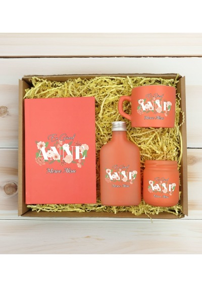 Bk Gift Kişiye Özel İsimli Dtf Anne Temalı Somon Defter & Kahve Fincanı & Kolonya & Mum Hediye Seti-4, Anneye Hediye, Anneler Günü Hediyesi Kobitmeyen