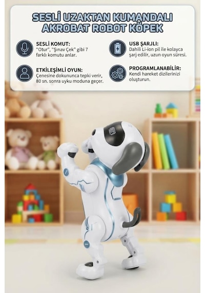 7 Farklı Sesli Komutu Anlayabilen Proglamlanabilir Uzaktan Kumandalı Etkileşimli Oyuncak Robot Köpek