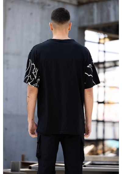 Moda Assema Erkek Yıldırım Şimşek Baskılı T-shirt Kısa Kol Bisiklet Yaka Tişört - Siyah