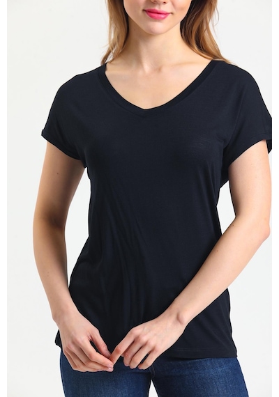 Kadın Bambu Kumaş V Yaka T-shirt Siyah