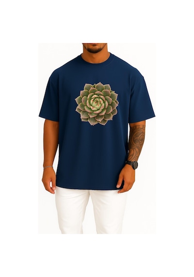 Bahriyeli Collection Oversize Echeveria Etli Bitki Cactaceae Houseleek Göğüs Tasarımlı Unisex T-shirt Lacivert