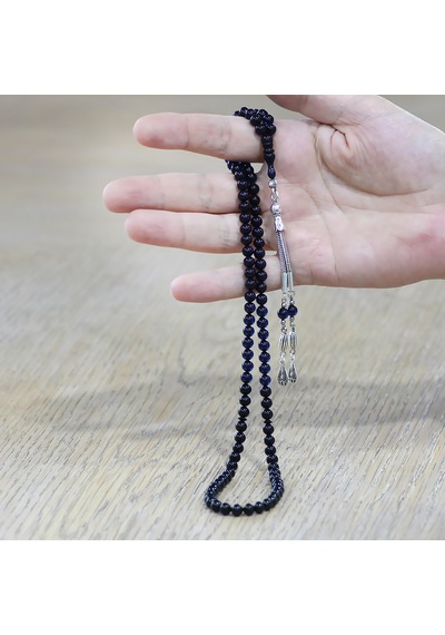 Tesbihname Sıkma Kehribar Namaz Tesbihi - Kararmaz Metal Püsküllü - Bilek Boy - Süzme Mavi Siyah - Küre Kesim Çok Renkli