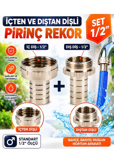 Pirinç Rekor 1/2 Set İç Dişli Dış Dişli Batarya Uyumlu Hortum Bağlantı Rekoru