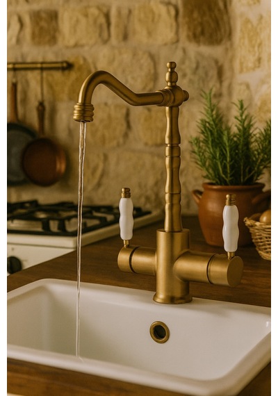 Rena Design Rustik Mat Gold Aritmali 3 Yollu Mutfak Evye Batarya Prinçlüks Musluk Garanti Porselen Kol Armatür