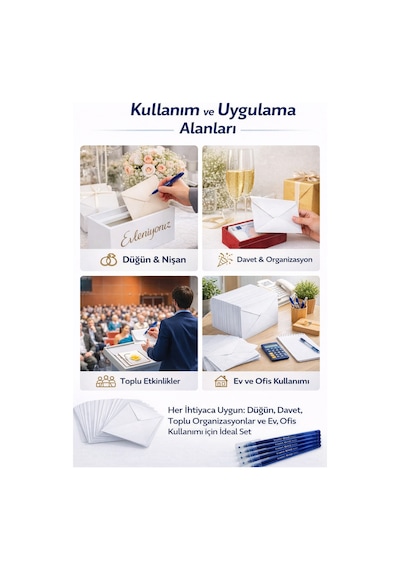100 Lü Düğün Zarfı Seti + 5 Adet Mavi Tükenmez Kalem Düğün Zarfı Paketi