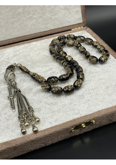 Onurlu Tesbihane Golden Rozalin Uçak Camı Tesbih Siyah 8x12 Mm Erkek Tesbihi Gümüş