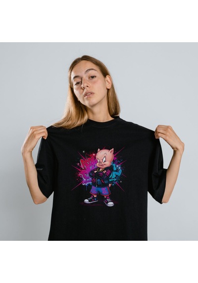 Vinevesta Porky Pig Graffiti Baskılı Unisex Siyah Oversize Tişört - 24/1 Penye Çok Renkli