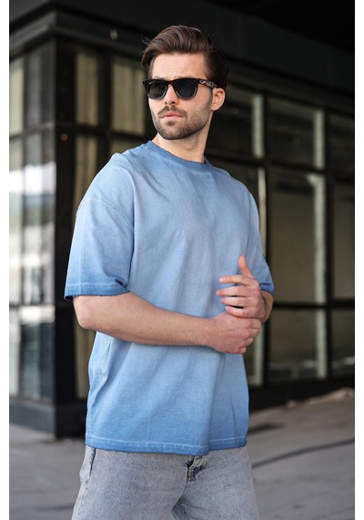 Madmext İndigo %100 Pamuklu Bisiklet Yaka Oversize Erkek Tişört E7177 İndigo