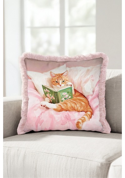 Kedi Romantik Masalsı Saçaklı Yastık Kılıfı-sevimli Pet Bohem Turuncu Pembe Püsküllü Kırlent Kılıfı Bordo