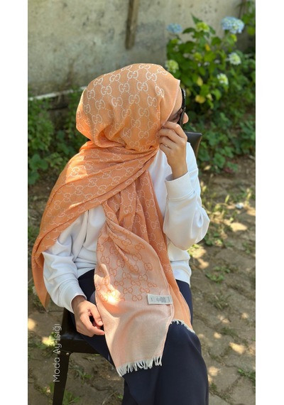 Miorel Scarfs İnce Kumaş G Desen Pamuklu Şal Yün İpek Şal 4 Mevsim Çift Taraflı Turuncu