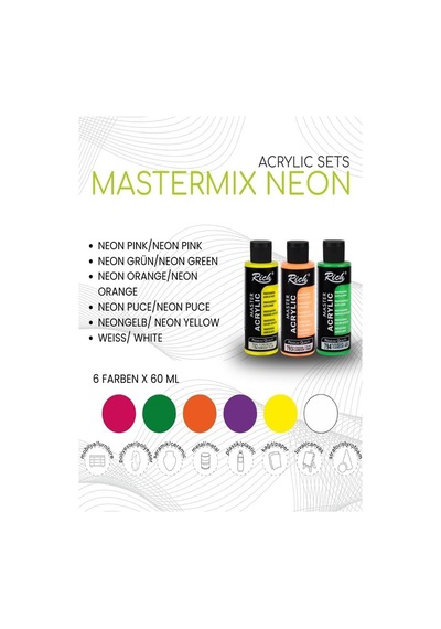 Rich Mastermix Akrilik Boya 6 Renk 60 Ml 1 Paket Neon Renkler Akrilik Boya 6 Lı Profesyonel Tuval Canvas Çok Renkli