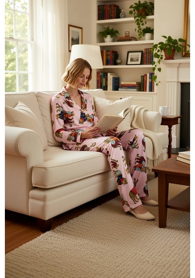 Benerly Kadın Gömlek Yaka Uzun Kol Kaplan Baskılı Pijama Takımı Regular K Pembe