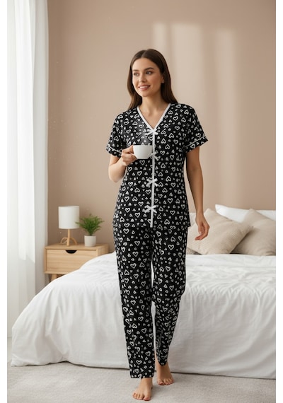 Angbutik Kadın Siyah Desenli Fiyonklu Kısa Kollu Uzun Pijama Takımı
