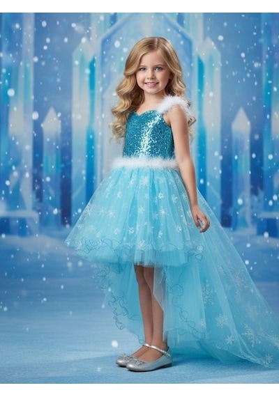 Zekids Kız Çocuk Önü Kısa Arkası Uzun Frozen Abiye Elbise-17118 Mavi