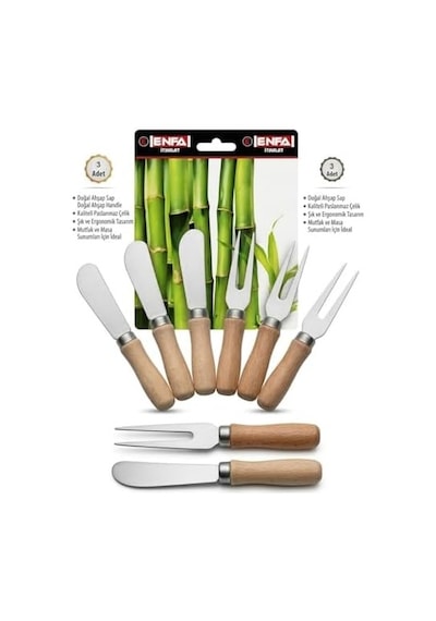 6 Parça Doğal Bambu Kahvaltı Ve Sunum Seti - 3 Mini Kokteyl Çatalı Ve 3 Tereyağı Reçel Sürme Spatulası Açık Ceviz