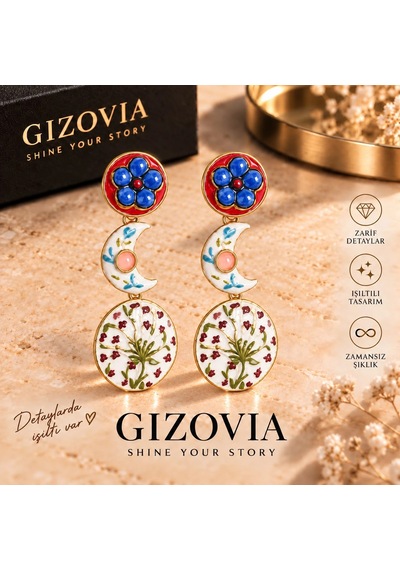 Gizovia Çiçek Ve Ay Figürlü Renkli Sallantılı Kadın Küpe Çok Renkli