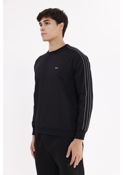 Rowinger Çift Şeritli Raglan Kol Minimal Logolu Bisiklet Yaka Sweatshirt Black