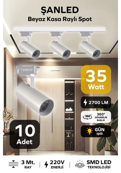 Led Beyaz Kasa Gün Işığı 35w Raylı Spot / 10 Adet 3 Metre Ray