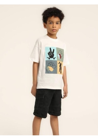 Escabel Erkek Çocuk Şapka Desenli Tasarım Pamuklu T-shirt-15627 Beyaz