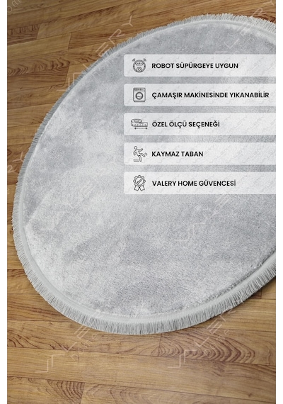 Comfort Oval Overloklu Peluş Halı Gri Gri Düz Saçaklı Daire