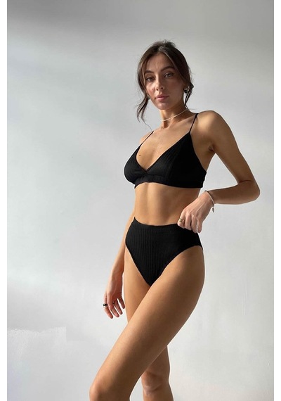 Ang Butik Kadın Siyah Yüksek Bel Dolgusuz Slip Takım