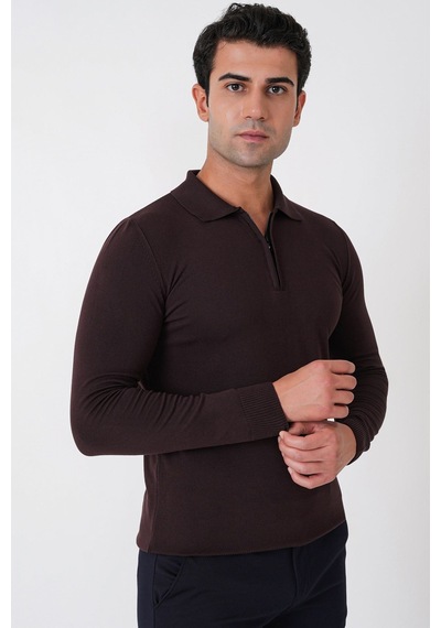 Slim Fit Esnek Pamuklu Fermuarlı Polo Yaka Kahverengi Triko Tr 902