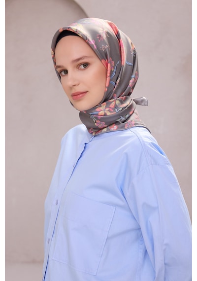 BELLİ Çiçek Desen İpek Twill Eşarp 4210d01 Gri - 83