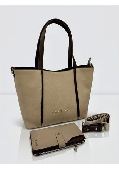 Just Polo Kadın Orijinal Büyük Boy Lüks El & Omuz Çantası Ve Cüzdanı Shopper 27 X 33 Cm Kum - Kahverengi