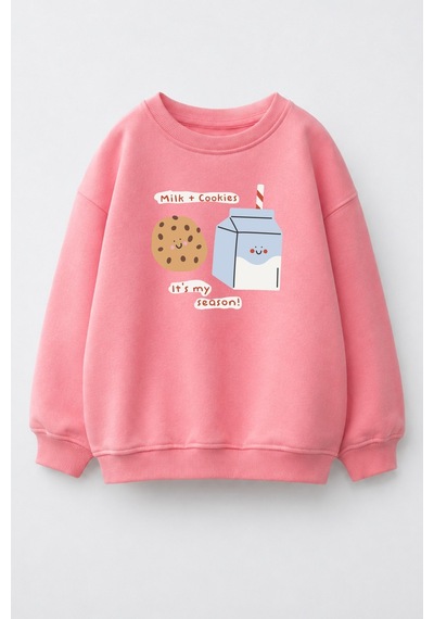 Monila Kız Çocuk 3 İplik Kumaş Pamuklu Kurabiye Baskılı Sweatshirt Pembe
