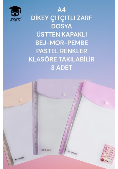 A4 Dikey Çıtçıtlı Zarf Dosya Üstten Kapaklı Bej-mor-pembe Pastel Renkler Klasöre Takılabilir 3 Adet Diğer