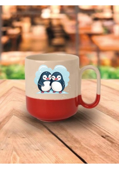 Sevimli Penguen Temalı Kırmızı Tabanlı Kupa Bardak - Seramik Çay, Kahve Hediyelik Bardağı Beyaz