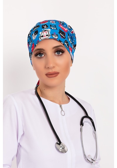 Meow Kedi Desenli Tesettür Doktor Hemşire Hastane Aşçı Cerrahi Bo Mavi