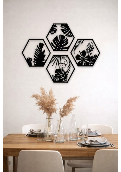 Hexaleaf Tropikal Yaprak Desenli Altıgen Ahşap Duvar Dekoru
