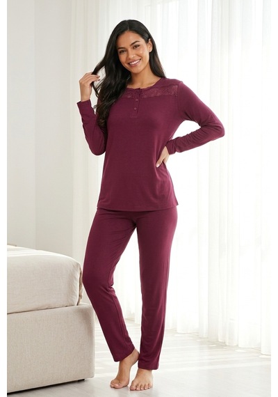 Mataş Kadın Dantelli Bambu Viskon Uzun Kollu Mevsimlik Soft Örme Yumuşak Pijama Takımı Bordo