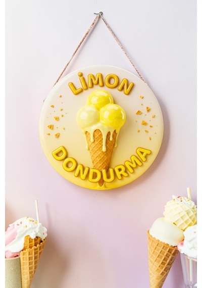 Limonlu Dondurma Görselli İpli Ahşap Kapı Ve Duvar Süsü, Cafe, Dondurmacı Tabelası, Tatlıcı Dekoru