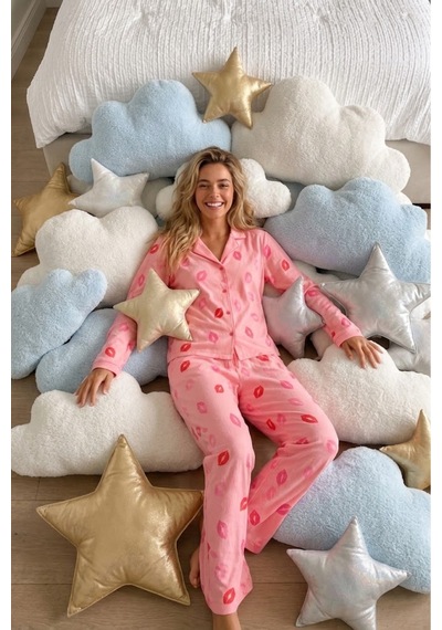 Fit Women Kadın Gömlek Yaka Uzun Kollu Pembe Pijama Takımı