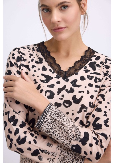 Man11540-1002 Anil Ev Giyim Anıl Kadın Uzun Kollu Dantelli Yaka Leopar Desenli T-shirt Ve Pantolon Pijama Takımı 11540 Siyah