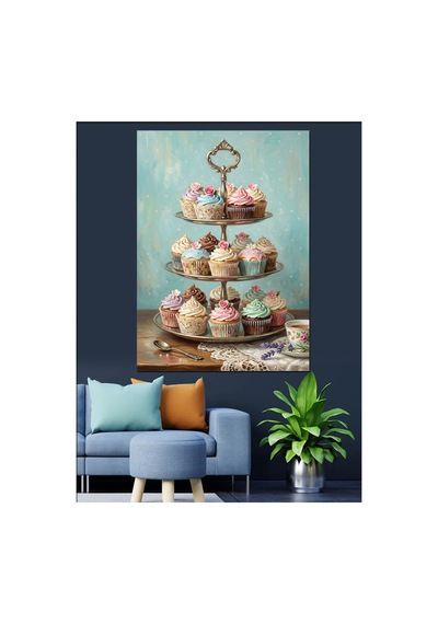 Üç Katlı Renkli Cupcake Standı Yağlı Boya Dokulu Kanvas Tablo Canvas Tablosu