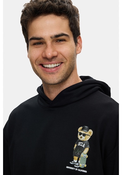 UCLA Savıo Siyah Kapüşonlu Pamuklu Baskılı Loose Fit Erkek Sweatshirt