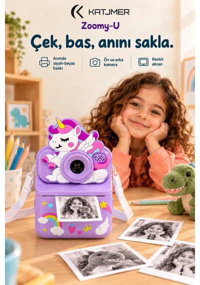 Kj/zm-004 Zoomy-u Unicorn Figürlü Anında Baskılı Çocuk Fotoğraf Makinesi, Çift Kamera, 2,4 İnç Ekran, 1080p Video, 3+ Yaş Mor