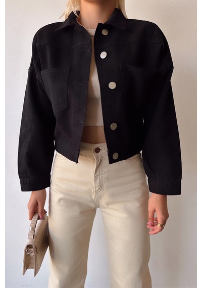 Siyah Çift Cepli Crop Yıkamalı Denim Ceket Bcdf-235401 Çok Renkli